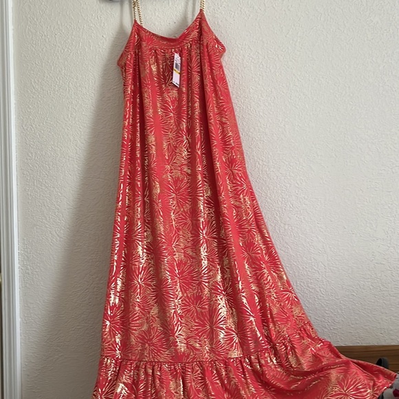 MICHAEL MICHAEL KORS SANGRIA Maxi Chain Dress Printed Sz Medium Orange and Gold - Picture 6 of 12